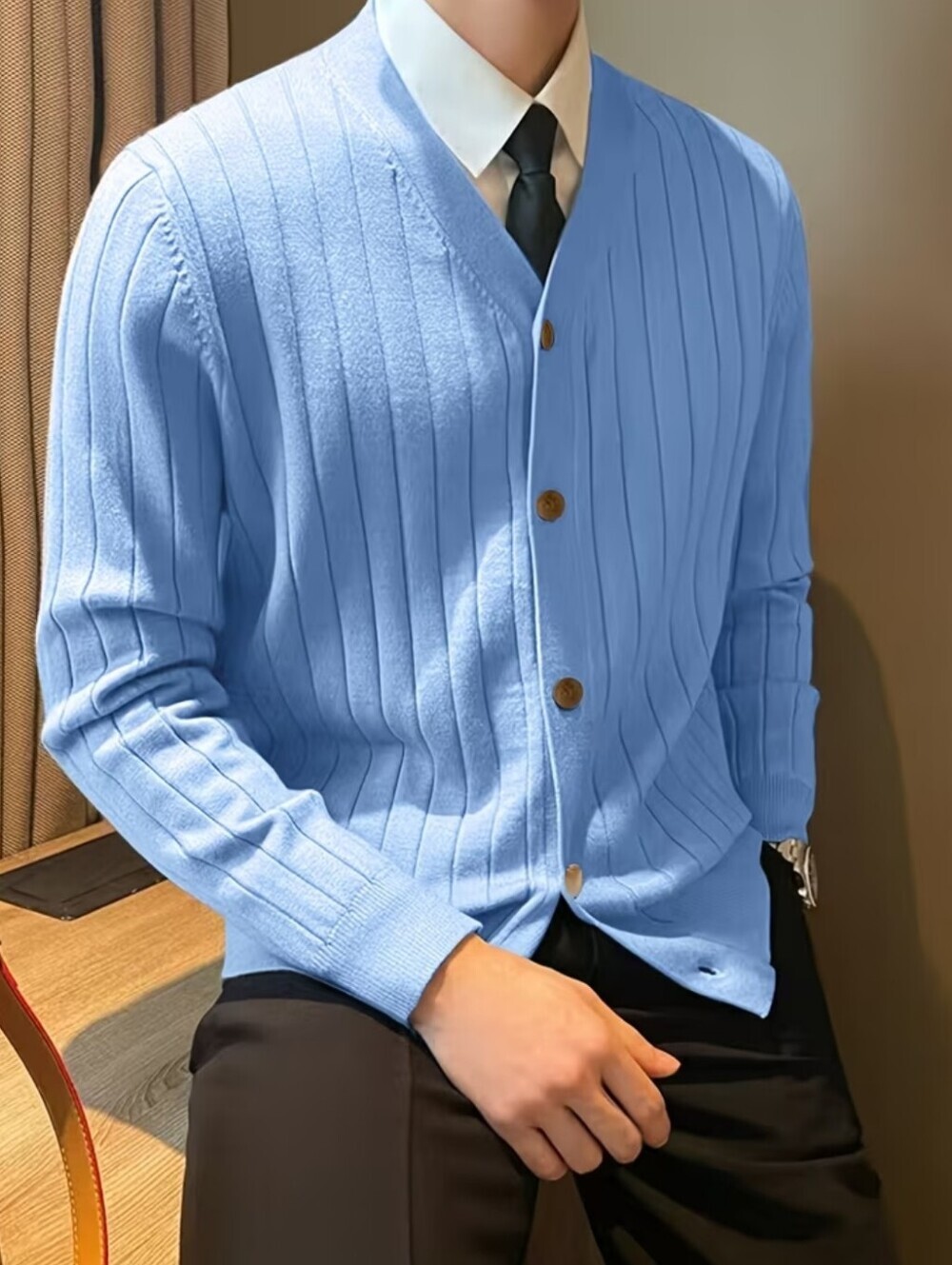 Men's Light Blue Ribbed Button Cardigan Sweater - Picture 3 of 7